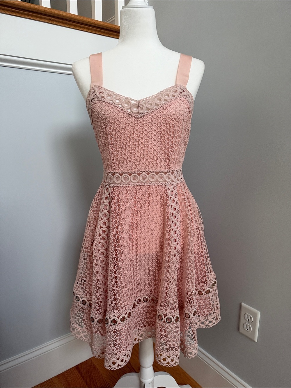 Maje Dusty Pink Lace Fit-and-Flare Mini Dress